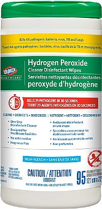 Clorox Hydrogen Peroxide Wipes 95 count close up of bottle
