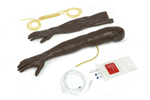 Laerdal Multi-Venous IV Training arm kit brown unpackaged showing arm, IV Bag and tubing