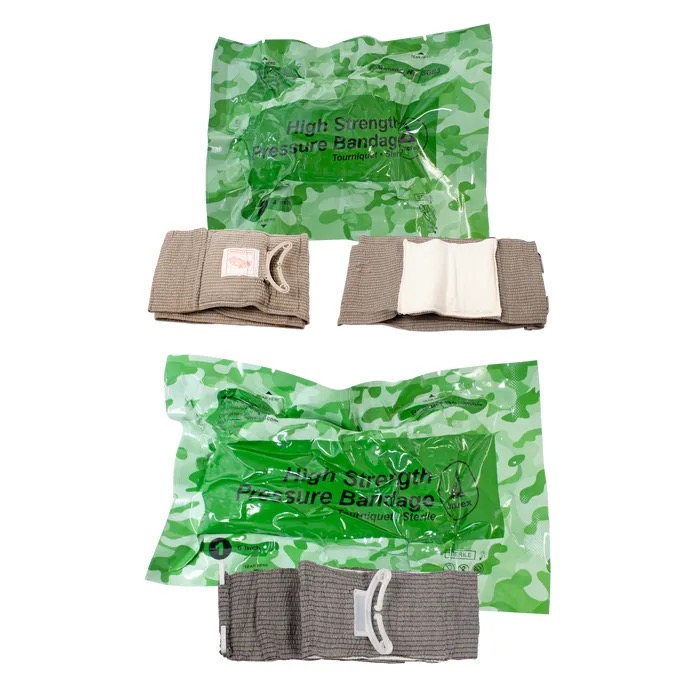 Dynarex High Strength Pressure Bandages showing outer packaging for both sizes as well as individual bandage for each sizes