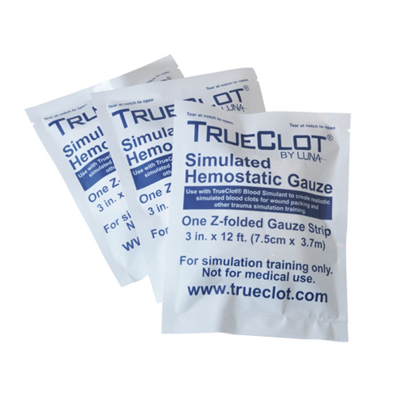 TrueClot Simulated Hemostatic Gauze 3-pack showing packaging up close