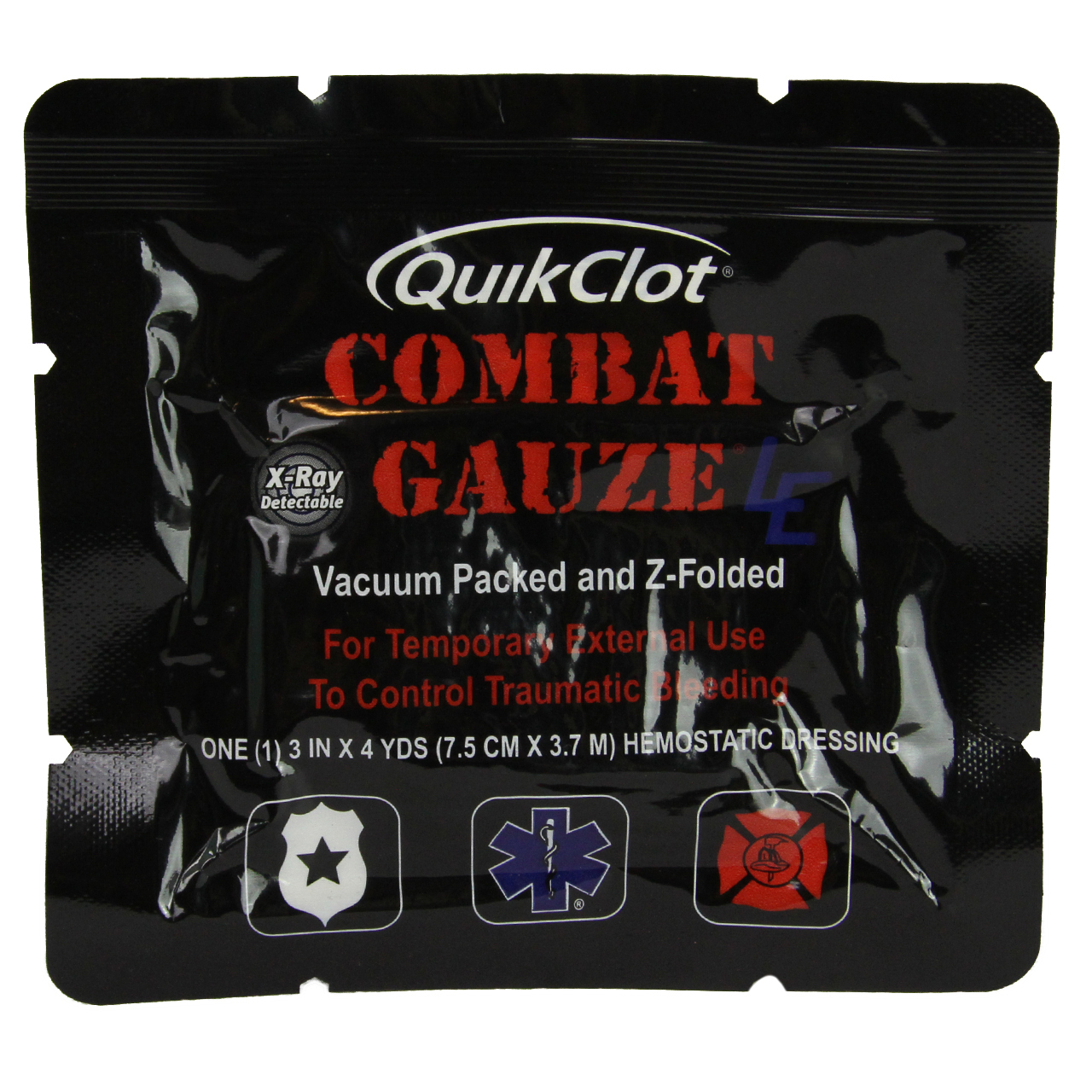 Quikclot Combat Gauze packaging with single bandage out of package