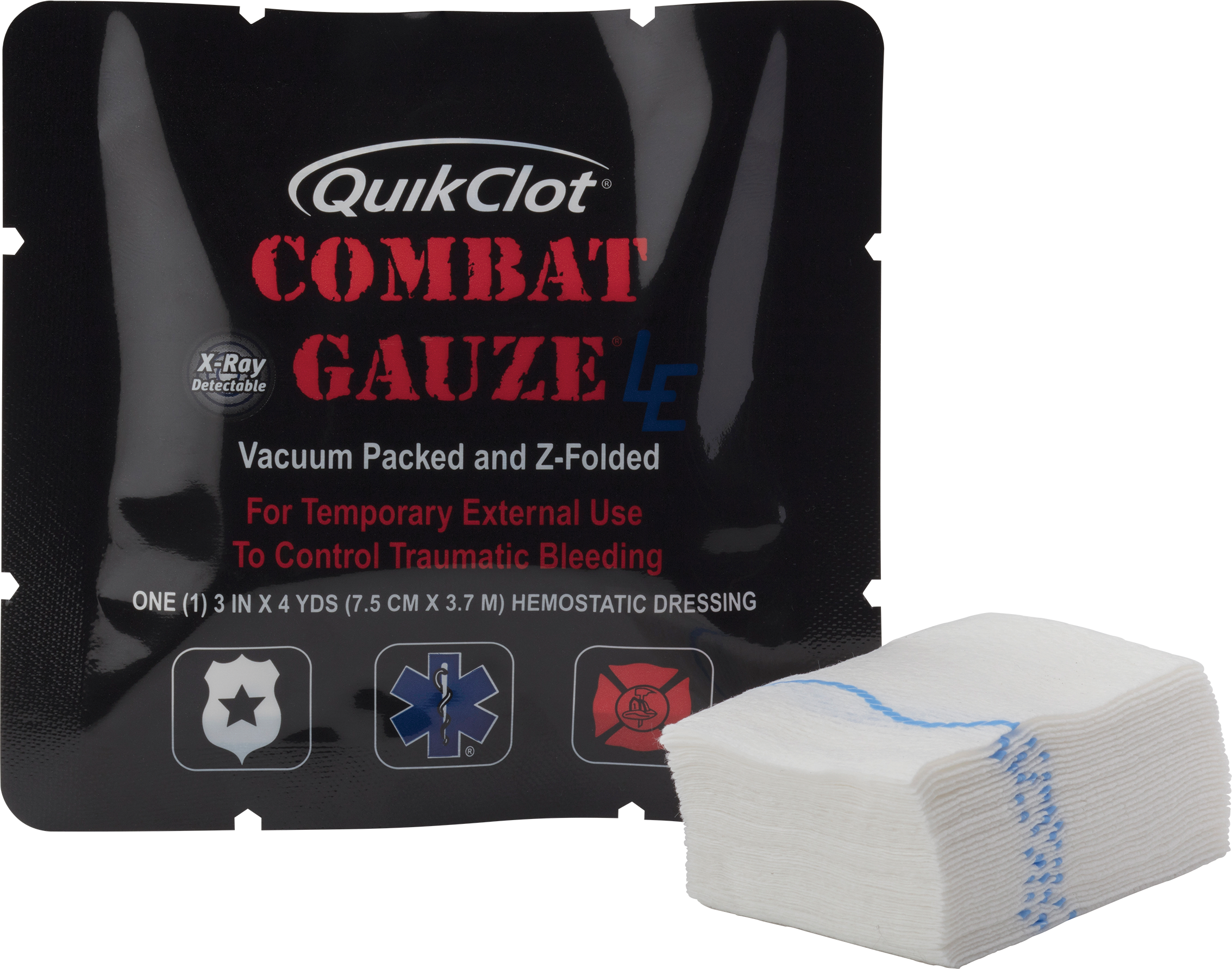 Quikclot Combat Gauze packaging with single bandage out of package